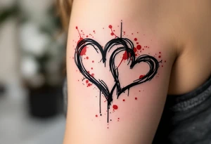 Black ink sketch-style hearts outlined with red splatter to symbolize imperfect but real love. tattoo idea
