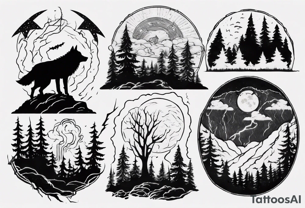 a thunder and lightning storm over a forest with a distant wolf howling and a drum circle tattoo idea a thunder and lightning storm over a forest with a distant wolf howling and a drum circle tattoo idea