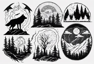 a thunder and lightning storm over a forest with a distant wolf howling and a drum circle tattoo idea