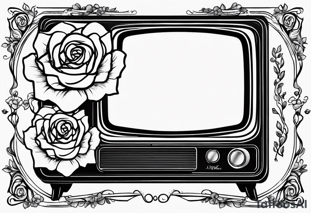 Fine line simple Retro TV with roses tattoo idea