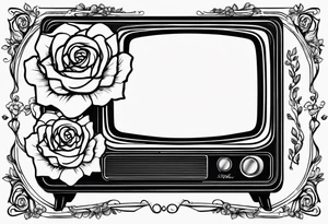 Fine line simple Retro TV with roses tattoo idea
