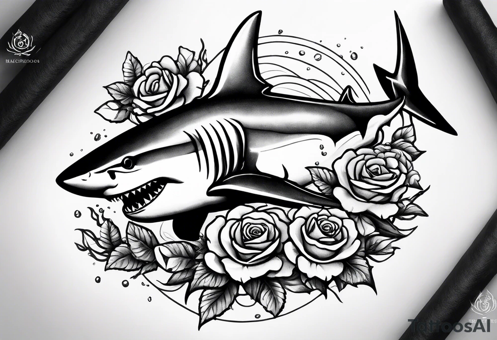 A fierce shark 
swimming upwards on a forearm, surrounded by vibrant roses, marigolds, and scattered shurikens. Include subtle shading and water elements for depth and movement. Flowers (roses, marigolds) should organically frame the shark and potentially wrap around its body. tattoo idea