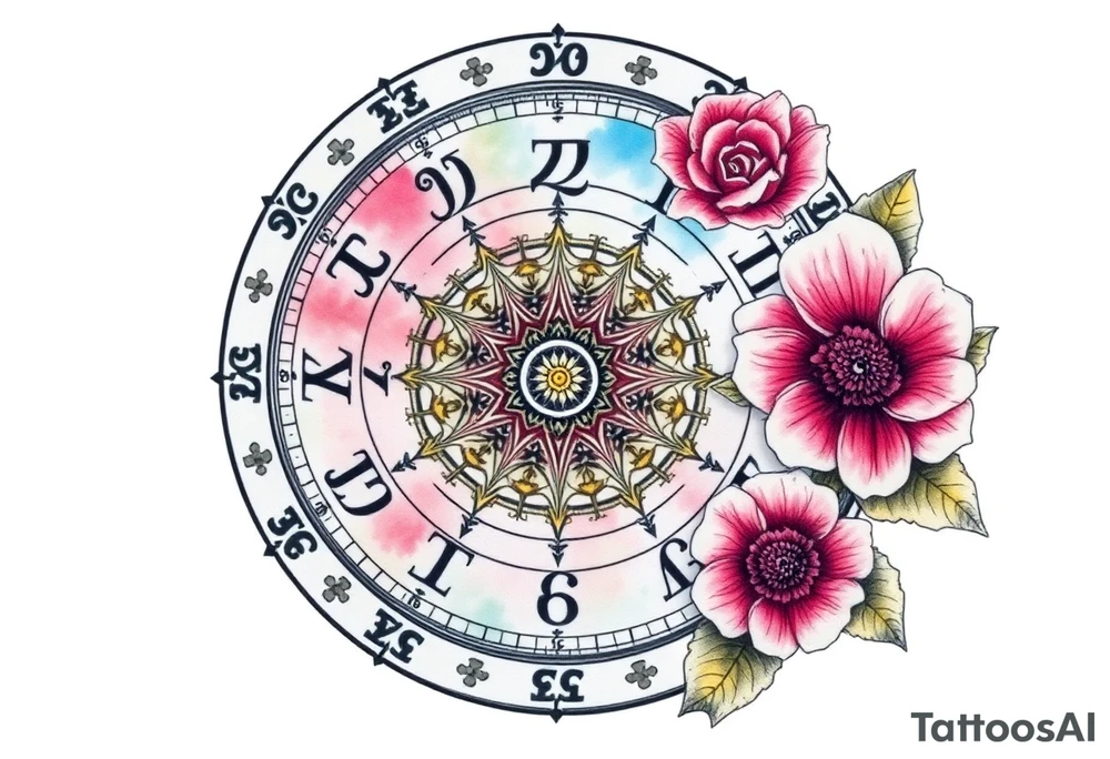 zodiac symbols and Norse runes within ornate clockwork mechanism with roses lilly sunflowers tattoo idea