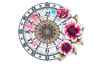 zodiac symbols and Norse runes within ornate clockwork mechanism with roses lilly sunflowers tattoo idea