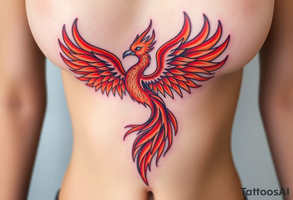 large fiery phoenix surrounded by fire. with a crown of fire flapping wings with a flaming tail tattoo idea
