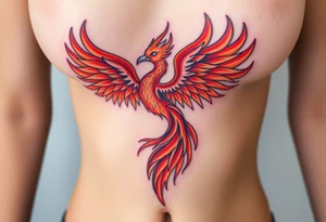 large fiery phoenix surrounded by fire. with a crown of fire flapping wings with a flaming tail tattoo idea