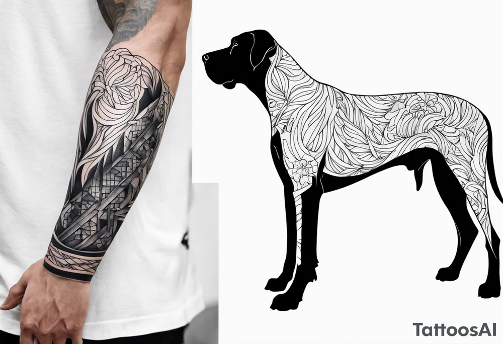 Arm sleeve for man- with floppy ear Great Dane standing fiercely chest up with full work tattoo idea