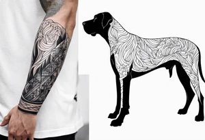 Arm sleeve for man-  with floppy ear Great Dane standing fiercely chest up with full work tattoo idea