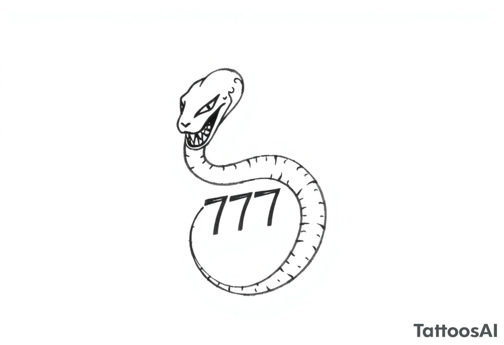 Black linework tattoo of a stylized snake with a slightly menacing or focused expression, curving in an S-shape with its body wrapping around or framing the number 777. The number should be bold and centered within the lower coil. No shading, just clean, sharp outlines. The snake should have a strong head shape with visible eyes and a minimalistic jaw detail. The overall style should be simple, compact, and ideal for a small tattoo with a modern, edgy feel tattoo idea