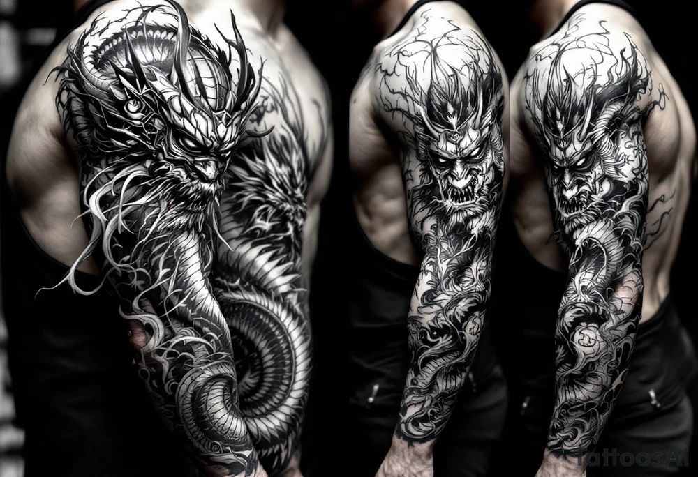 Japanese style, warrior mask biting the tail of a dragon and on the other side has a japanese warrior/ samurai tattoo idea