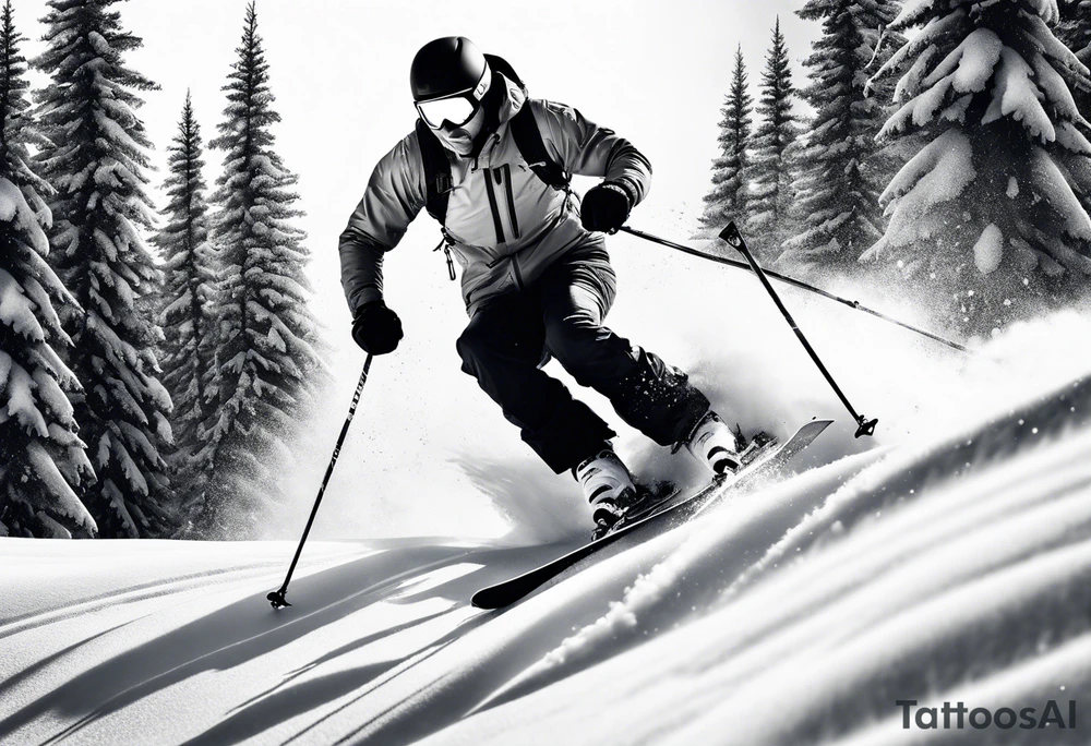 minimalist tattoo of a snow skier sking through trees showing ski trail tattoo idea