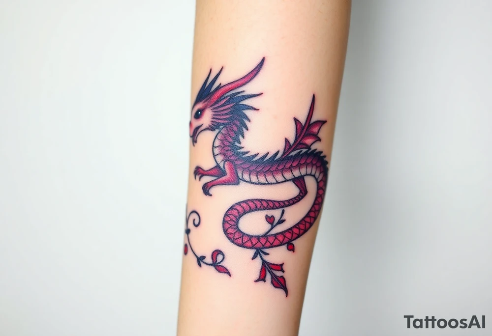 A bracelet wrapped around the arm dragon with purple and red tones, feathers and vines tattoo idea