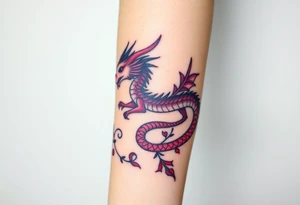 A bracelet wrapped around the arm dragon with purple and red tones, feathers and vines tattoo idea