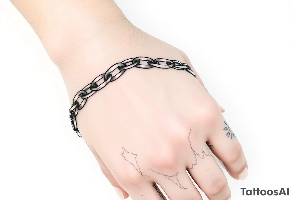 Chains intertwined around wrist going up to the thumb and index finger and connecting tattoo idea