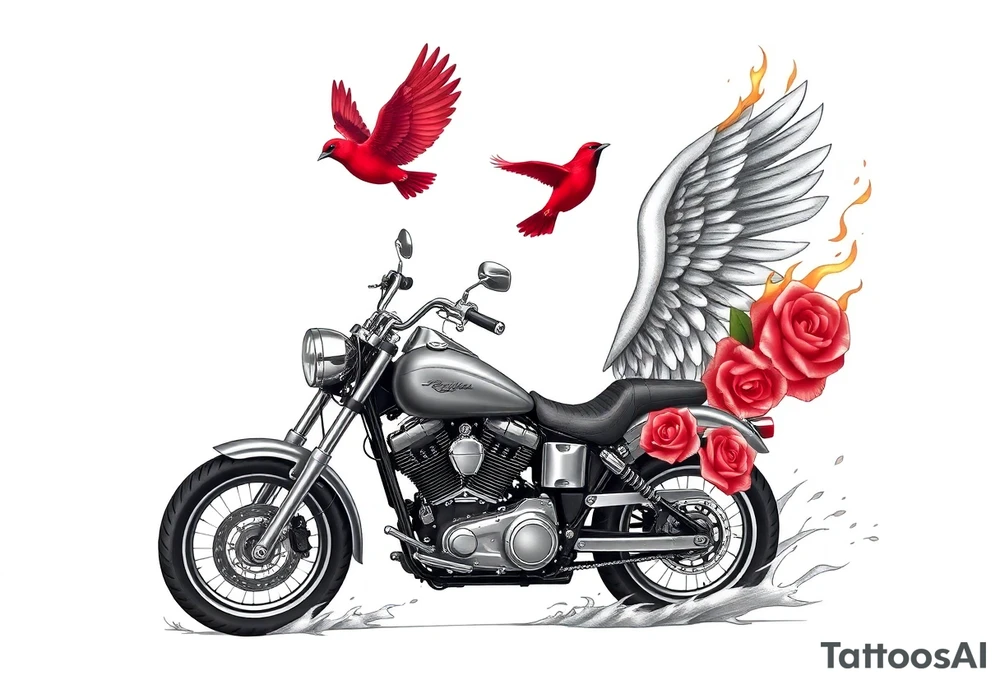 Harley grey motorcycle driving away, two red birds flying, roses, flames, angel wings tattoo idea
