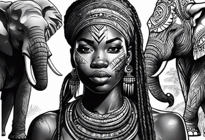 African woman warrior with tribe scars and spear in hand with elephants in background tattoo idea