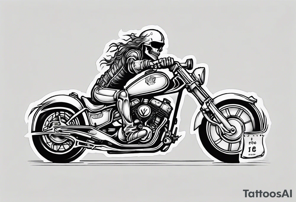 i want a tattoo of a motorcycle from the front view being ridden into the distance by a skeleton and the number plate to say “Viking Customs” tattoo idea
