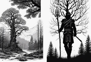 minimalist tall gothic trees, with an ancient slavic rus soldier wearing a helmet and a spike in hand in the background tattoo idea