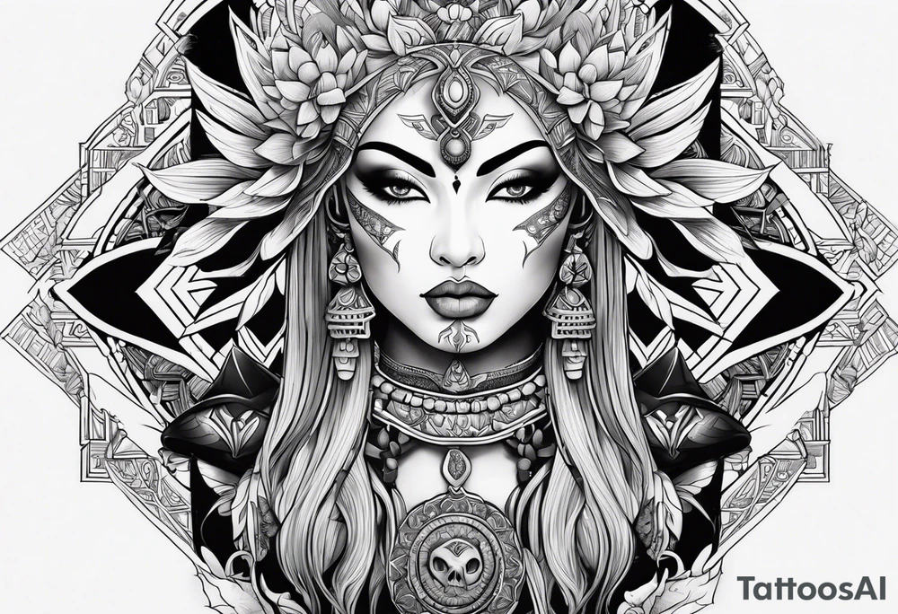 kali, alien goddess, valkrye, pirate, zen, pachamama, lotus, blank panther, eagle, skull, 5D, nueva gaya tattoo idea