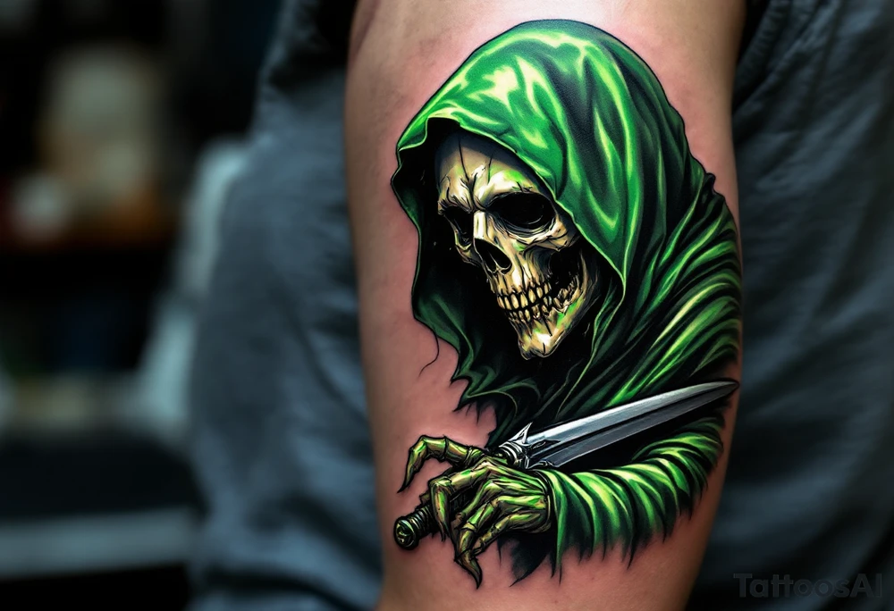 A full-color Grim Reaper with a glowing green hood and a gleaming silver scythe blade. tattoo idea