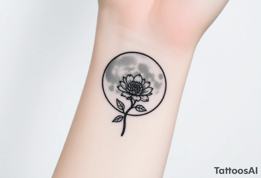 Small black and white tattoo full moon with small chrysanthemum and tiny scorpio gliph inside moon tattoo idea