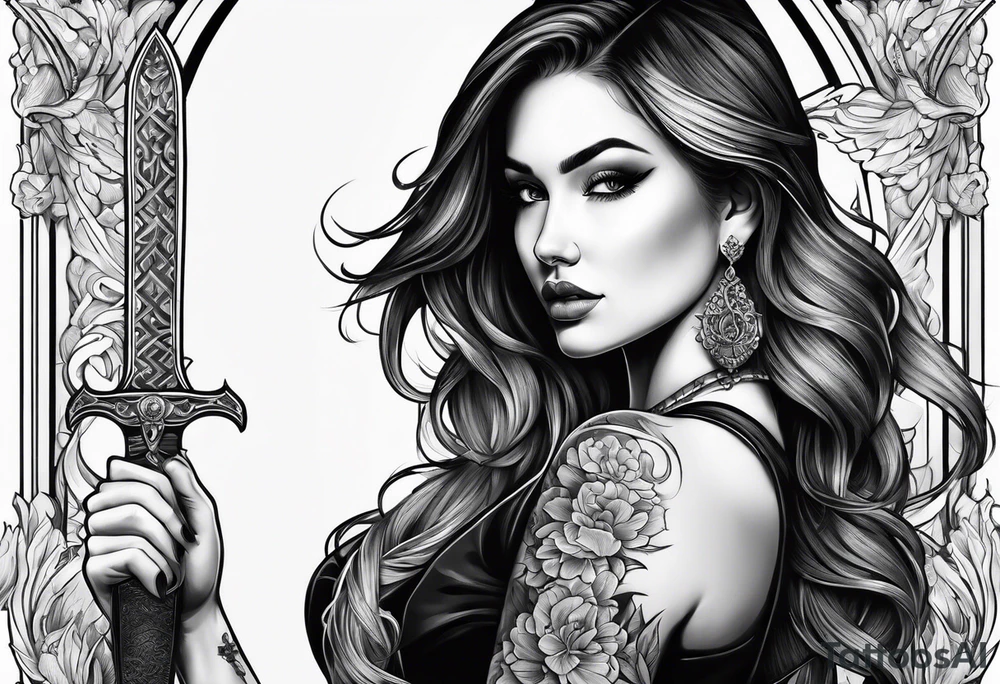 Female holding dagger tattoo idea