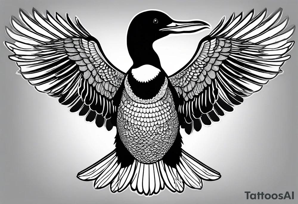 A loon with its wings spread looking badass and tough. Should be designed for on the thigh tattoo idea