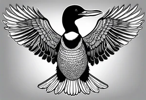 A loon with its wings spread looking badass and tough. Should be designed for on the thigh tattoo idea