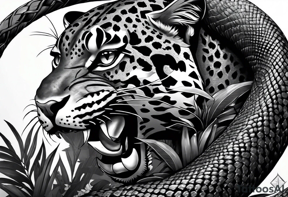 Black and grey realism with a pit viper snake, jaguar, and rainforest background for a forearm sleeve. Create the snake and jaguar to have aggressive features. I want the jaguar and snake separately tattoo idea