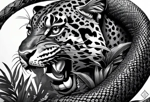 Black and grey realism with a pit viper snake, jaguar, and rainforest background for a forearm sleeve. Create the snake and jaguar to have aggressive features. I want the jaguar and snake separately tattoo idea
