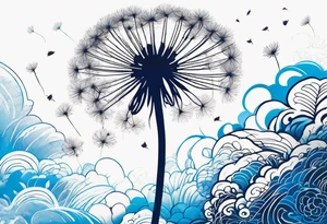 Blowing dandelion , blue color background tattoo idea