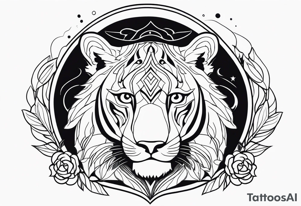 leão poderoso com relógio e bússola no fundo tattoo idea