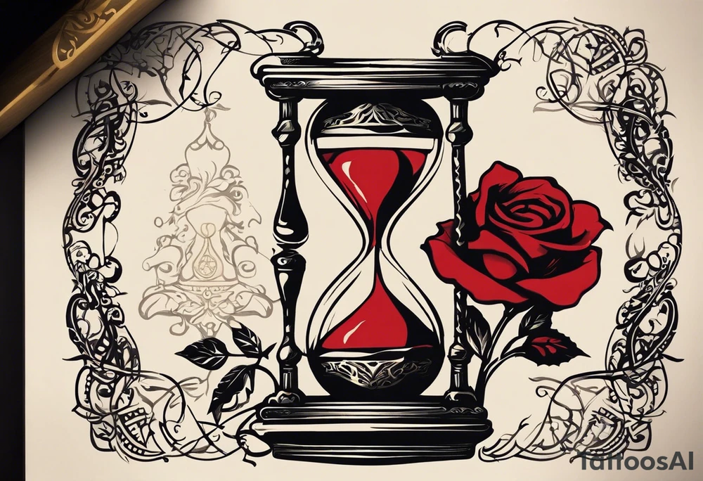 I want a tattoo-inspired design for a t-shirt that features a striking hourglass with a hand clock in the center, where the clock numbers are Amazigh numerals. The hourglass should have a bold, detailed look, with sharp lines and shading. Thorny roses should wrap tightly around the hourglass, with their vines and thorns creating a sense of depth and movement. Planets and stars should be incorporated in a way that they appear to orbit or emerge from behind the hourglass, giving the design a cosmic, timeless feel. The overall aesthetic should be bold and detailed, similar to blackwork tattoo designs, with a mix of natural and celestial elements." tattoo idea