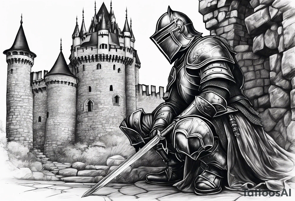 Wounded knight on his knees in front of castle tattoo idea
