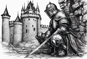 Wounded knight on his knees in front of castle tattoo idea