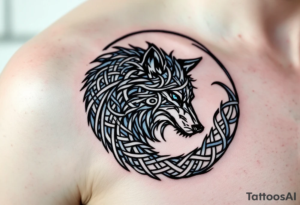 Celtic Wolf Spiral Design – A circular spiral made of a wolf’s body formed from black knot lines, interwoven with hints of blue and silver. tattoo idea
