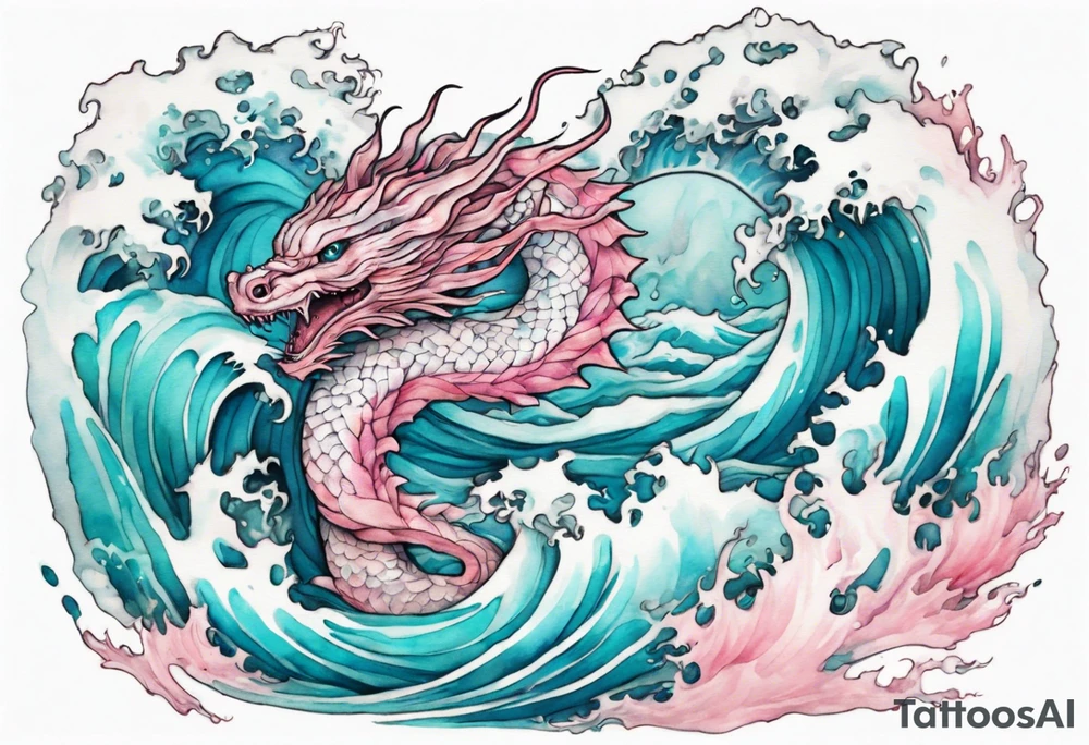 a beautiful turquoise pink and white wyrm rising from the blue waves of the ocean tattoo idea