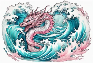 a beautiful turquoise pink and white wyrm rising from the blue waves of the ocean tattoo idea
