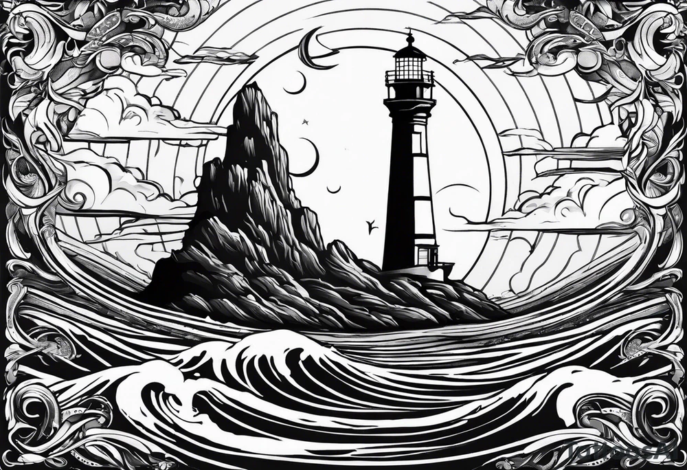 phoenix survolant un voilier. lune. phare marin tattoo idea