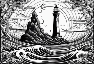 phoenix survolant un voilier. lune. phare marin tattoo idea