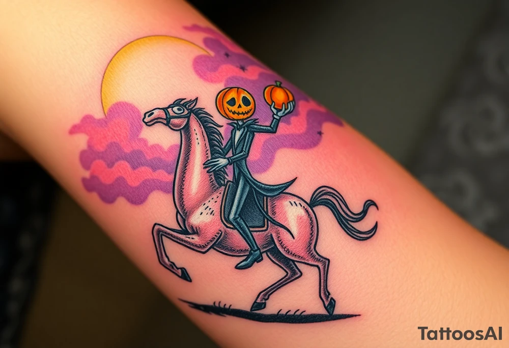 Tim Burton’s headless horseman is riding in the night he holds his pumpkin head in hand as his horse bucks upwards and dripping with muted reds, dusty pinks, and eerie green glow.purple and cyan smokey clouds swirl in the crescent moonlit sky thats sprinkled with stars tattoo idea tattoo idea