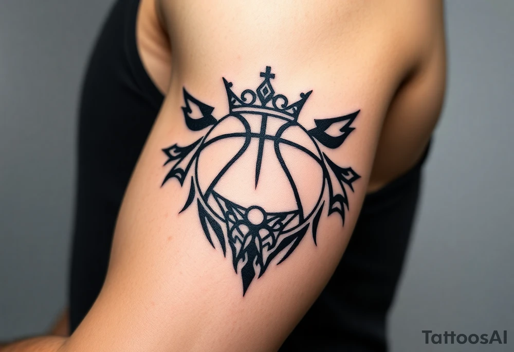 Basketball and basketball hoop with a crown, tribal influence tattoo idea