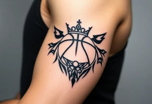 Basketball and basketball hoop with a crown, tribal influence tattoo idea