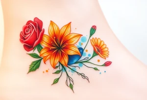 a colorful, vibrant, watercolor tattoo with one red rose, one orange lily, one gold marigold, and one orange cosmos flower and with splashes of color tattoo idea