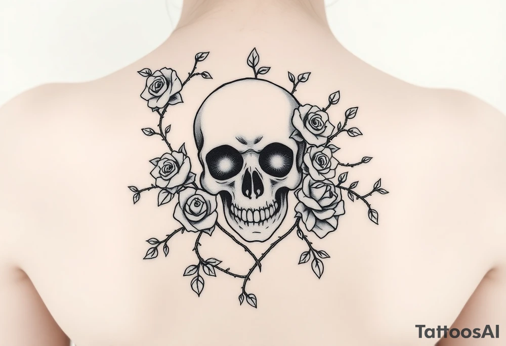 gothic skull intertwined with climbing roses and thorny vines tattoo idea