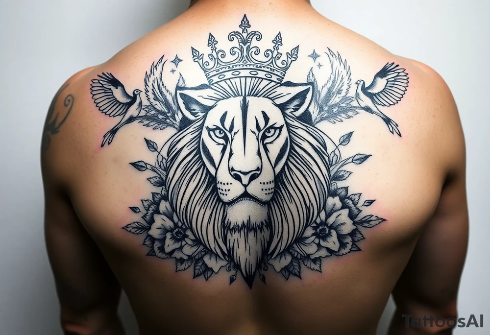 powerful majestic lion with a crown, surrounded by floral ornaments and birds tattoo idea