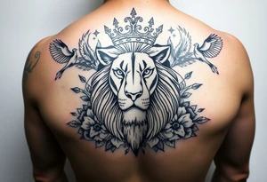 powerful majestic lion with a crown, surrounded by floral ornaments and birds tattoo idea