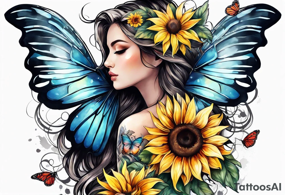 Sleeve with angel wings, sunflower and butterfly tattoo idea