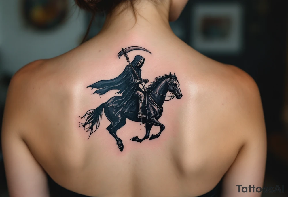 A full-back piece of a Grim Reaper riding a black horse under a stormy indigo sky. tattoo idea