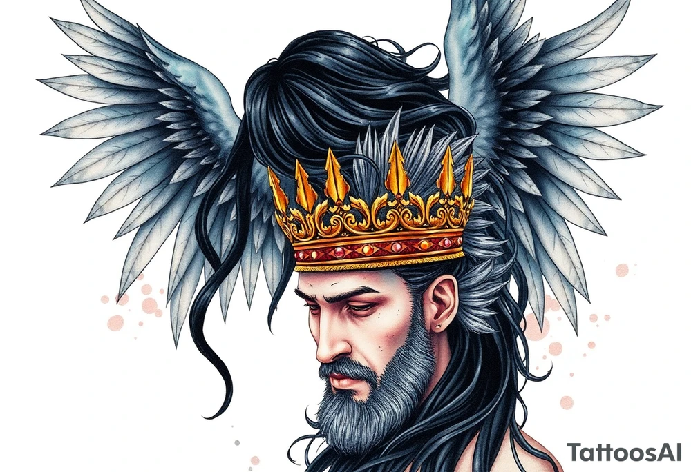 A Scorpio gypsy  woman with long black hair and angel wings putting a kings crown on a man with grey spiked hair tattoo idea
